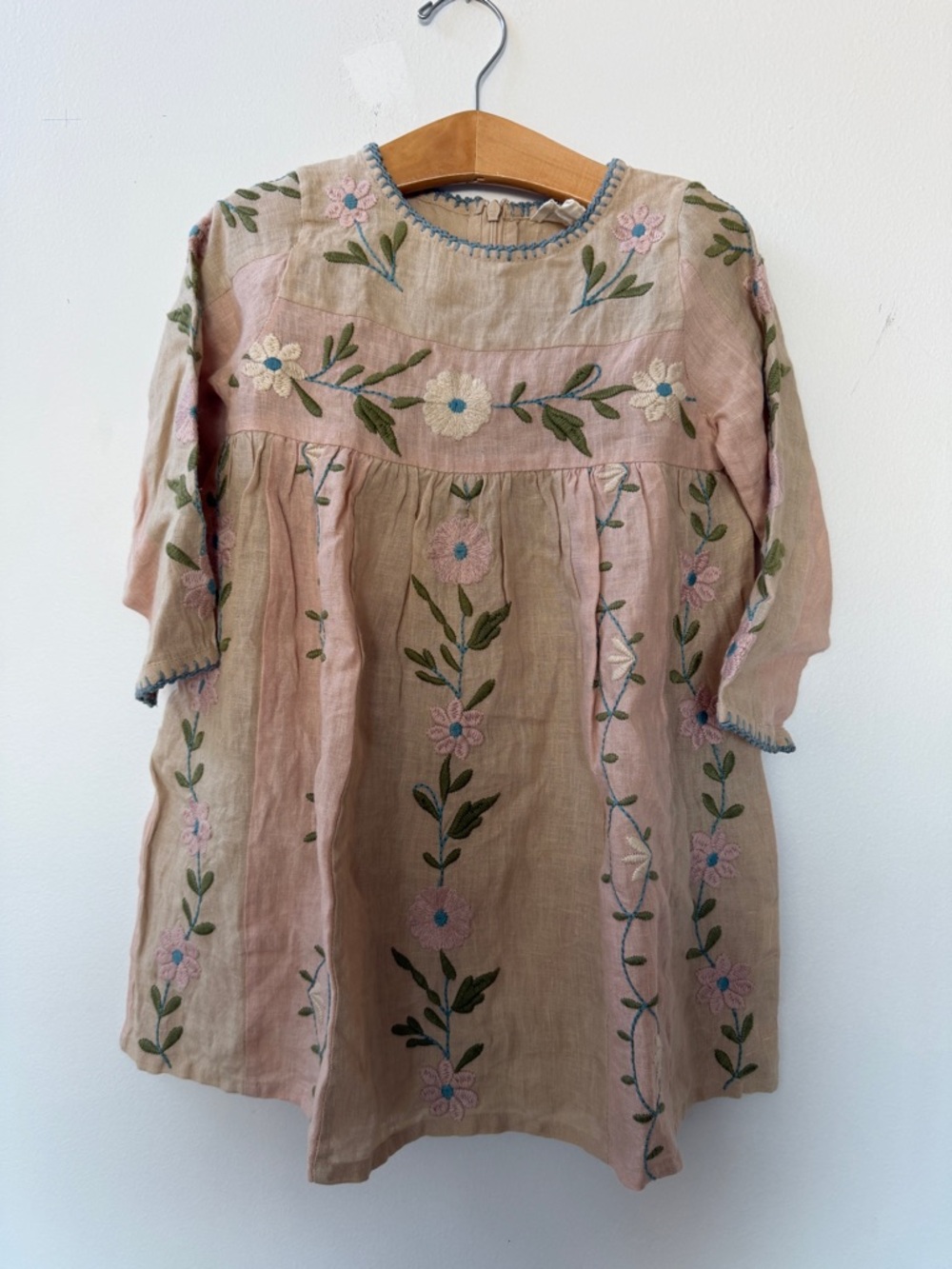 Apolina Pascale Embroidered Floral Linen Dress in Dusty Pink